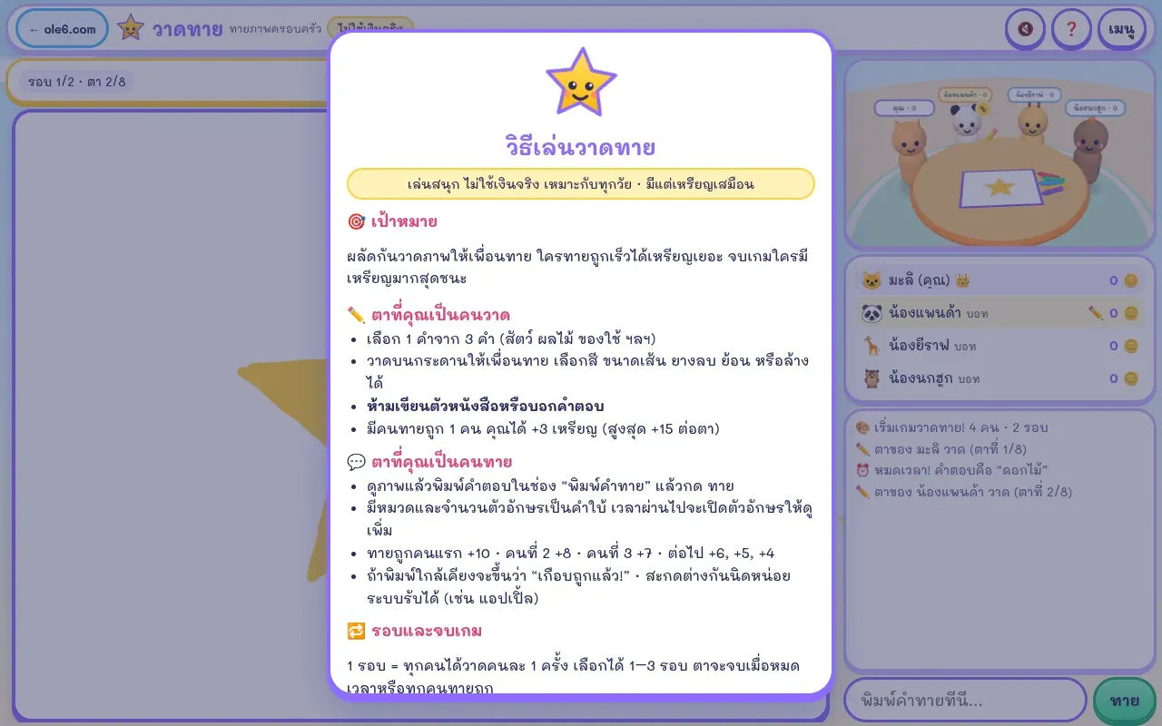 หน้าต่างวิธีเล่นวาดทายในเกม