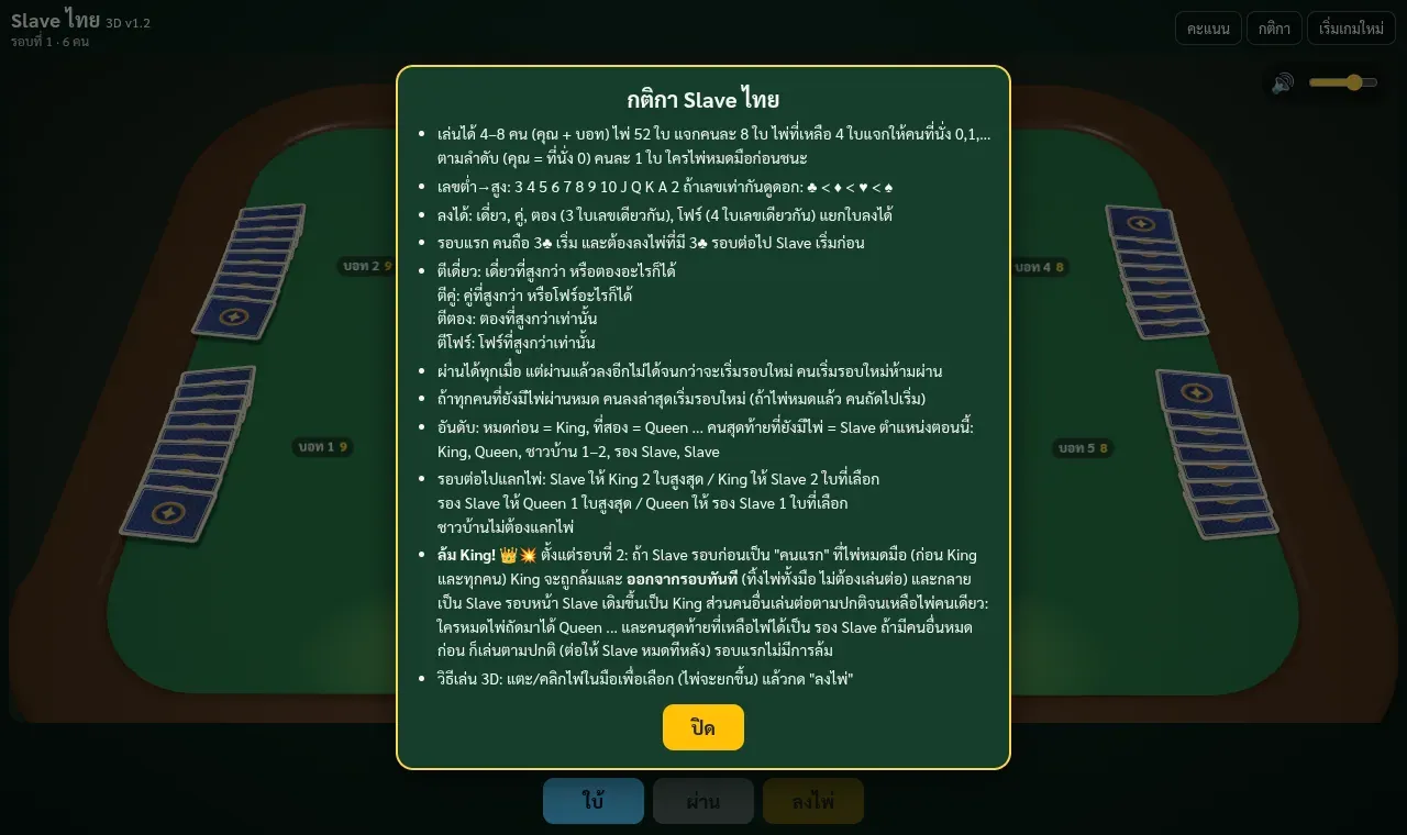 หน้าต่างสรุปกติกาในเกมไพ่ Slave ไทย 3D ที่ slave.ole6.com