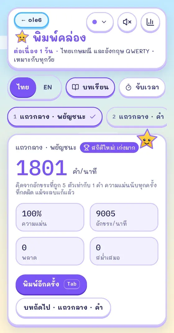 หน้าผลลัพธ์พิมพ์คล่อง แสดงคำต่อนาที ความแม่น และตัวที่พลาด