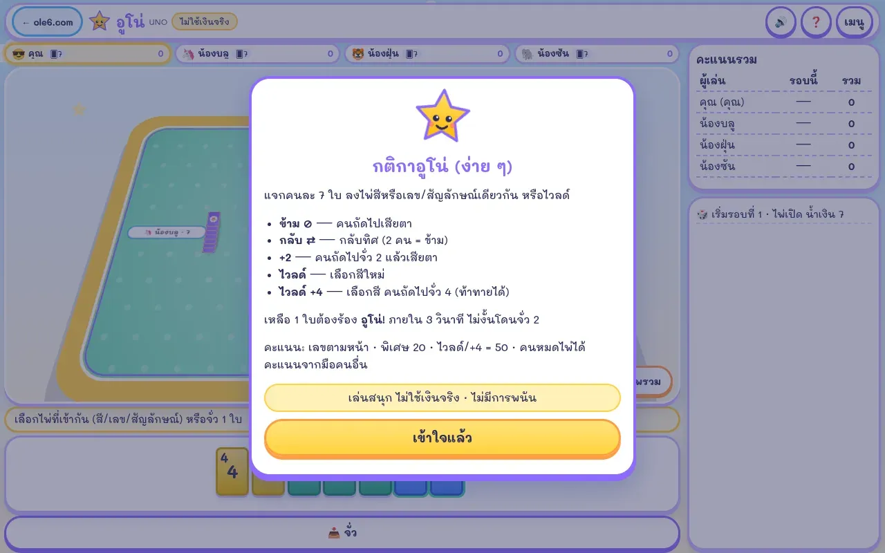 หน้าต่างกติกาอูโน่ง่าย ๆ ในเกม