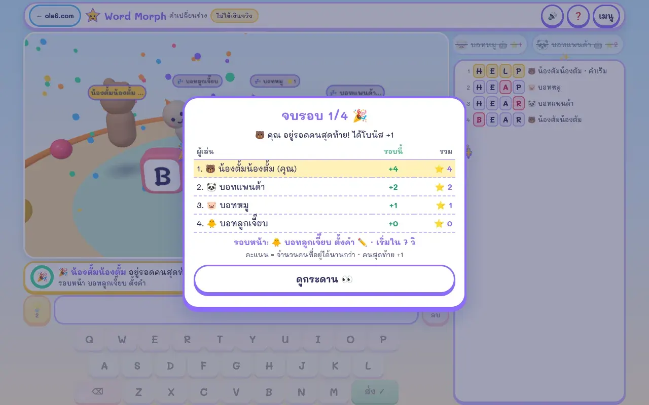 ผลจบรอบเกม Word Morph คะแนนรอบนี้และคะแนนรวม พร้อมบอกคนตั้งคำรอบหน้า